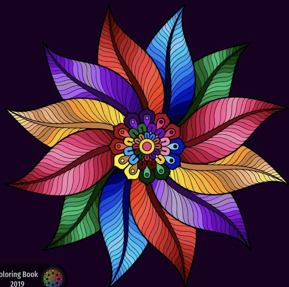 Colorful mandala with striped petals in rainbow hues arranged in pinwheel pattern on dark background