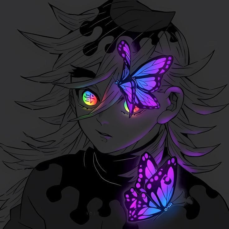 Dark anime girl with glowing purple-blue butterflies over her eye and shoulder