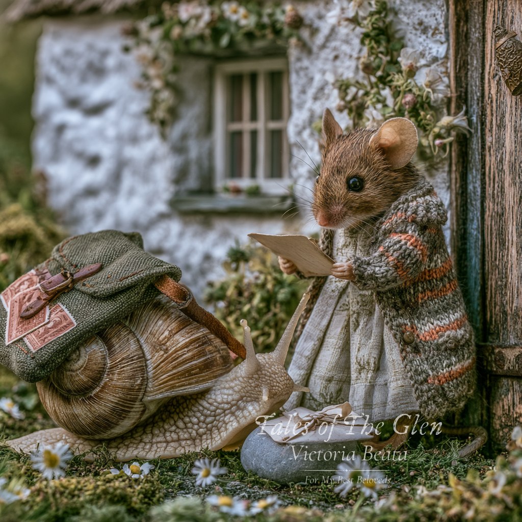 Mouse in knit sweater standing by wooden door with snail, cottage in background