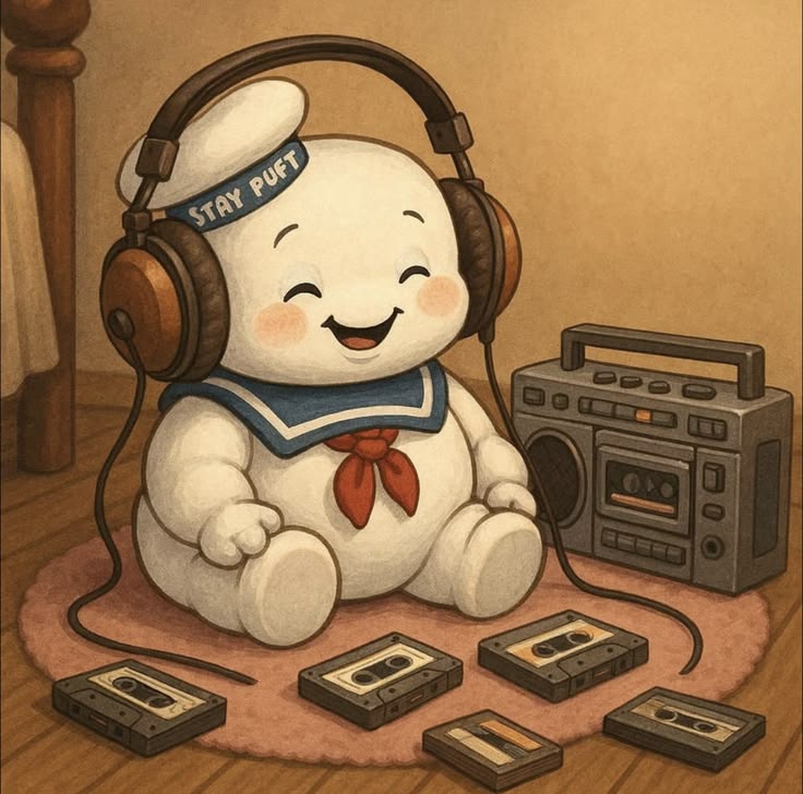 Cartoon Stay Puft Marshmallow Man wearing headphones beside a boombox and cassette tapes