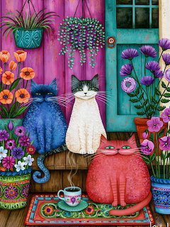 Three cats on a colorful porch with flowers and plants in folk art style
