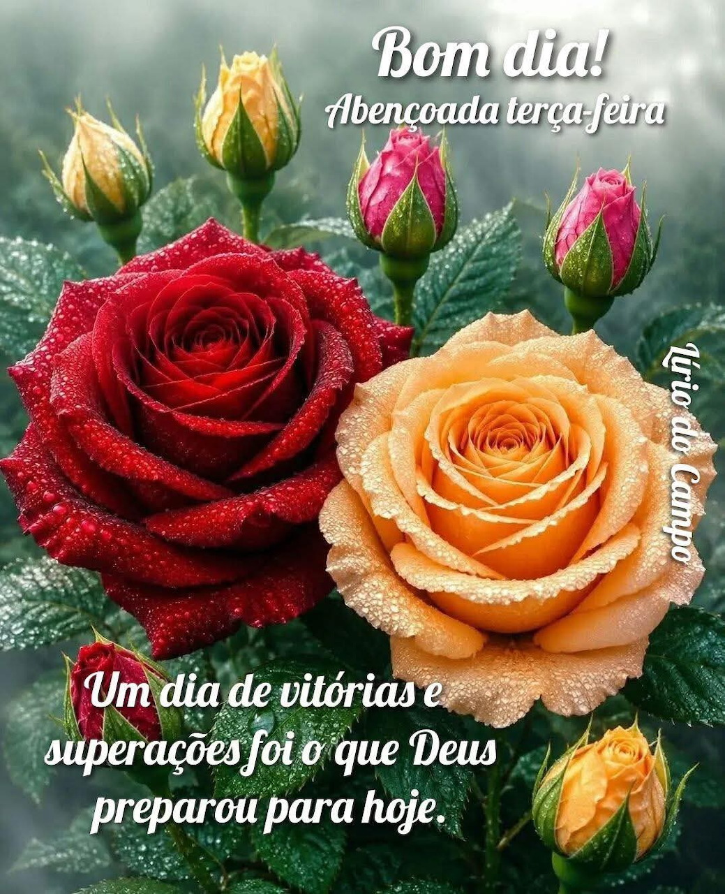 Red and orange roses with dewdrops and green buds, with Portuguese blessing text overlay