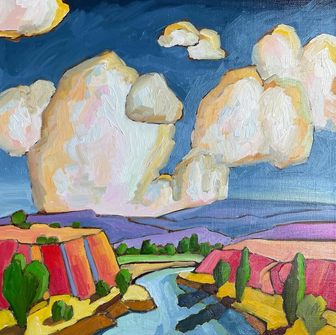 Colorful landscape painting with white clouds, blue river, and vibrant cliffs in impressionist style