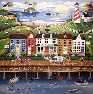 Folk art painting of colorful coastal village with lighthouse, boats, houses, and rolling hills