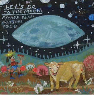 Folk art painting of a cow in a field under a large blue moon-like shape and starry night sky