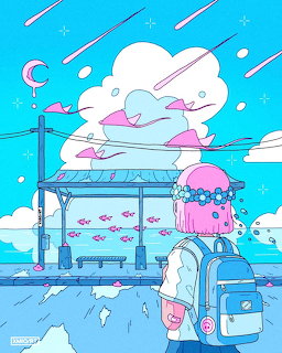 Anime-style girl in pink hat at blue bus station with floating stingrays and crescent moon in surreal sky