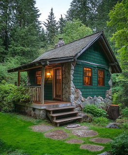 Small green cabin with lit windows in dense forest clearing at twilight