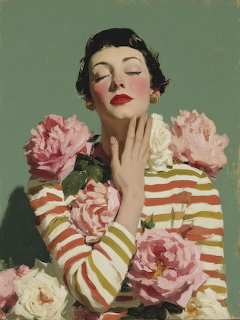 Woman with closed eyes in striped shirt holding pink peonies in vintage portrait style
