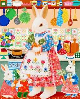 Mother rabbit wearing apron cooking in bright kitchen with two baby bunnies