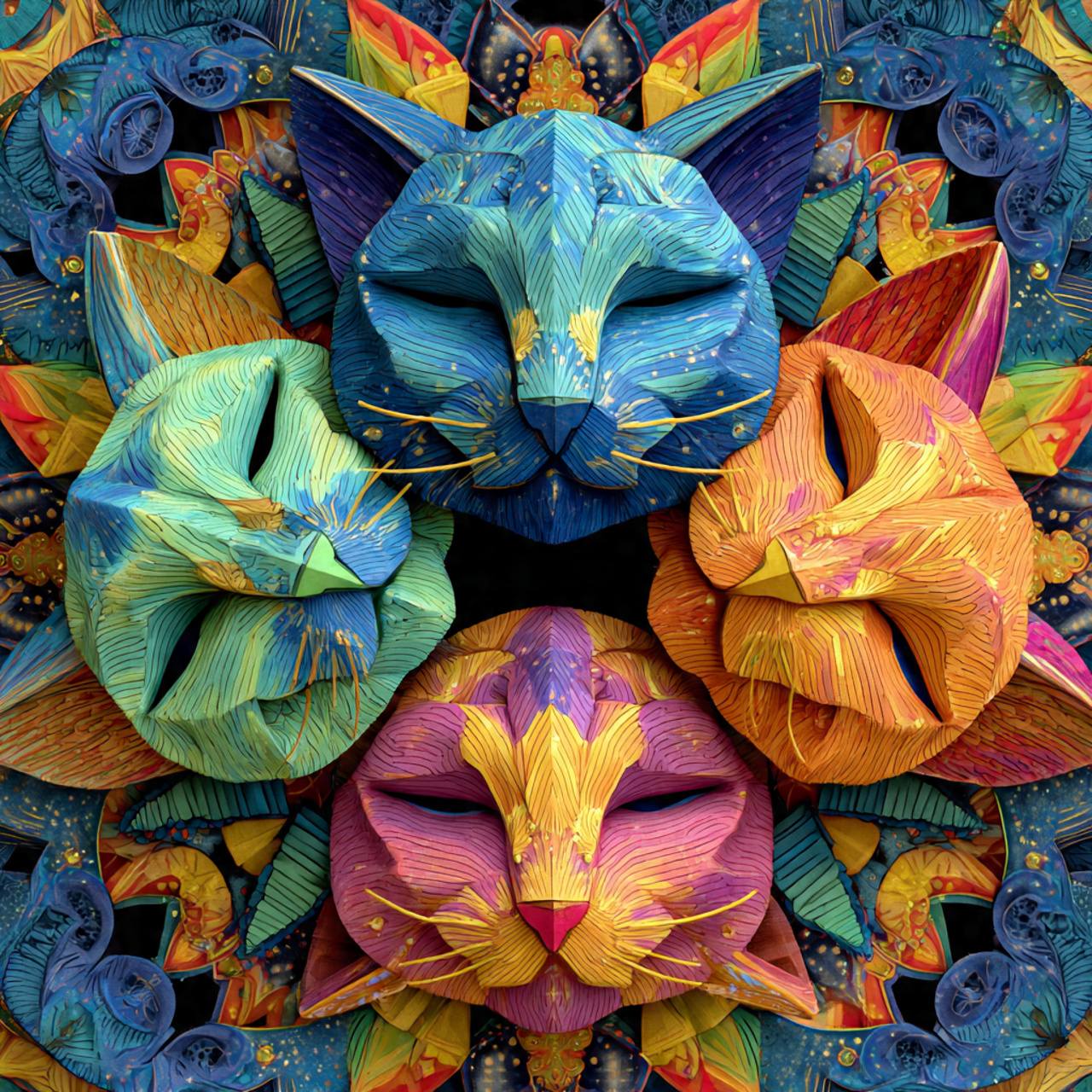 Colorful symmetrical illustration of four stylized origami cat faces in a mandala pattern