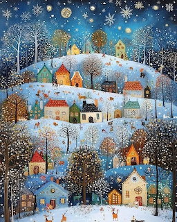Painting of snowy village with houses on hills, trees, snowflakes, and night sky