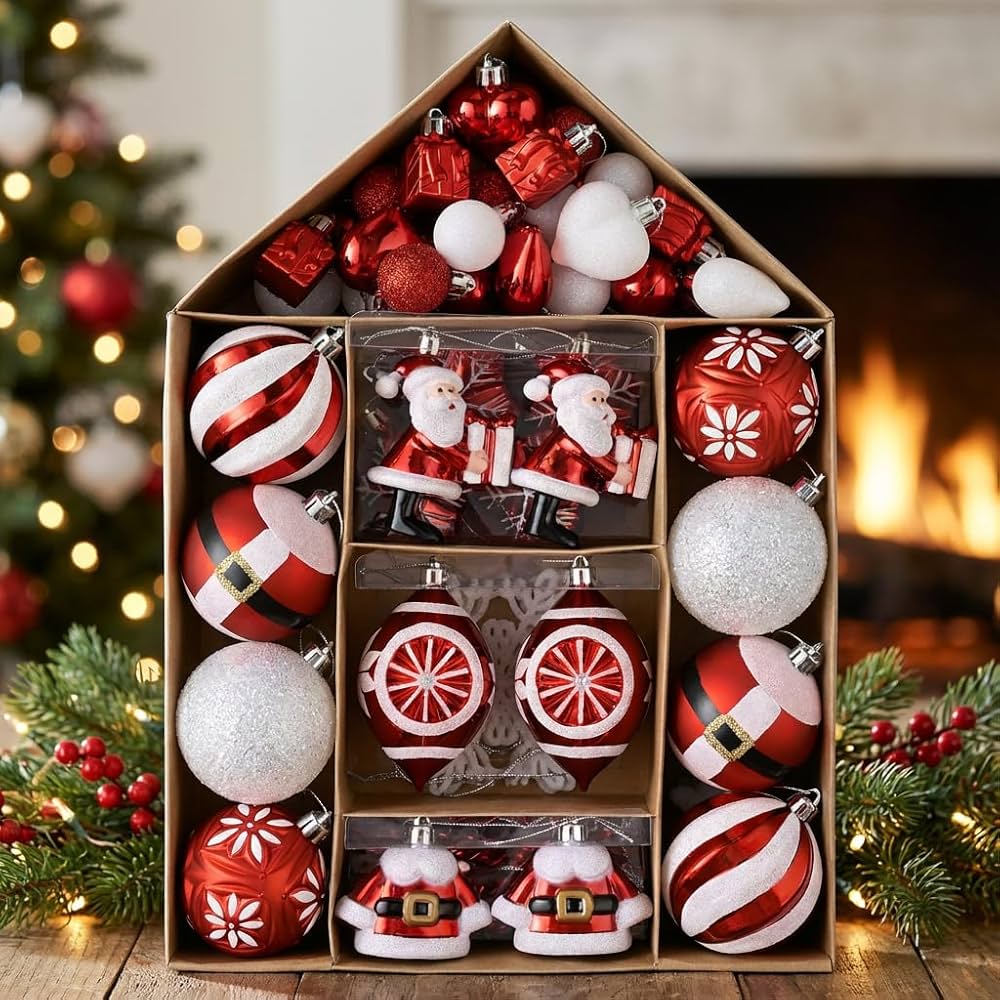 House-shaped wooden box containing assorted red, white, and silver Christmas ornaments with Santa and peppermint patterns