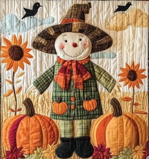 Quilted scarecrow with pumpkins and sunflowers in fall theme
