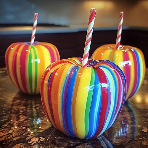 Three rainbow-striped candy apples with spiral sticks on marble surface