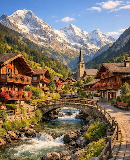 Swiss alpine village with wooden chalets, stone bridge over stream, and snow-capped mountains