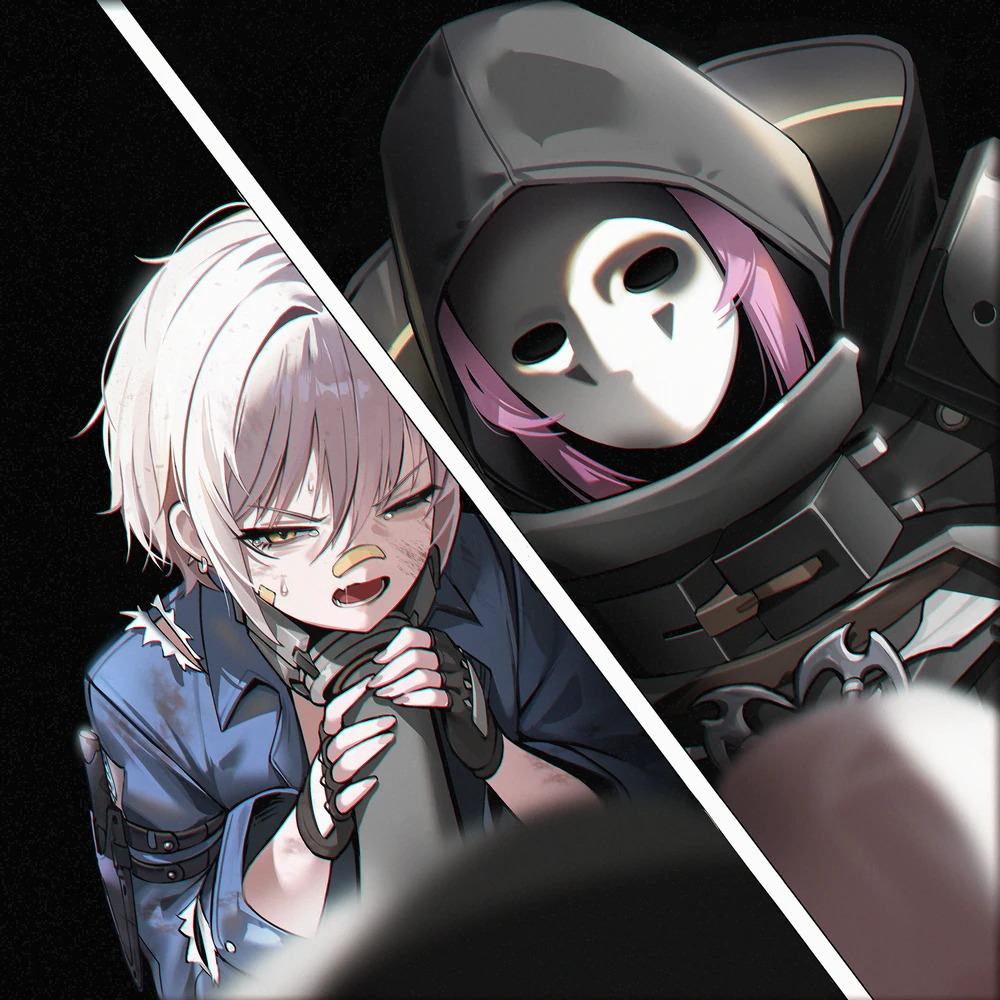 Anime split scene with a frightened pink-haired girl and a hooded masked figure in black armor