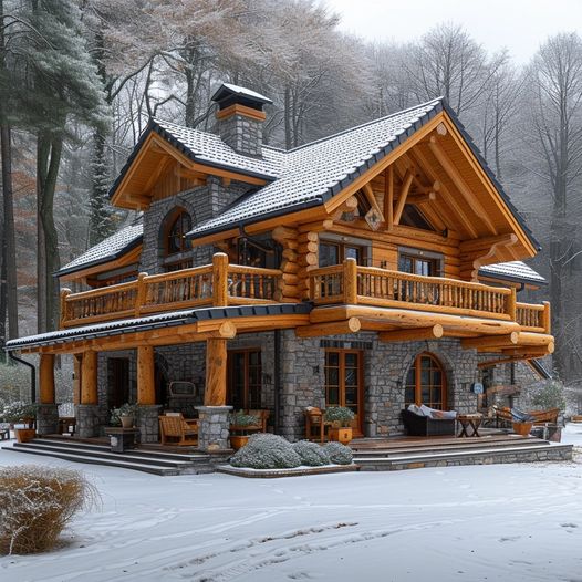 Snow-Covered Log Cabin