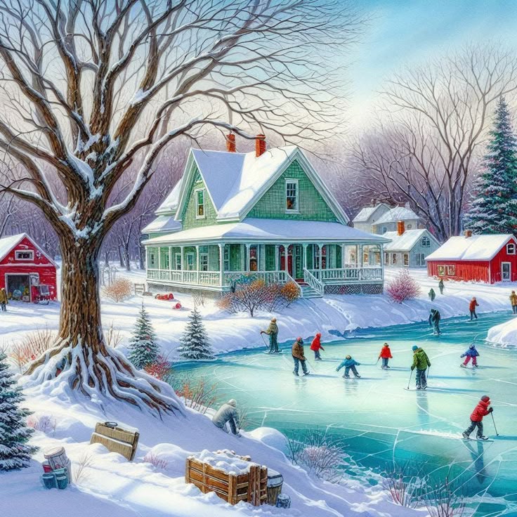 Winter painting of people skating on a frozen pond beside a green cottage and snowy trees