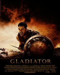 Gladiator movie poster with warrior holding shield in smoky battlefield