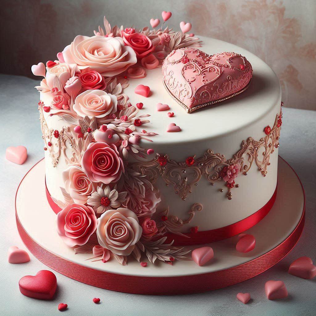 White Valentine's cake with pink roses, red hearts, and ornate decorations on a red stand