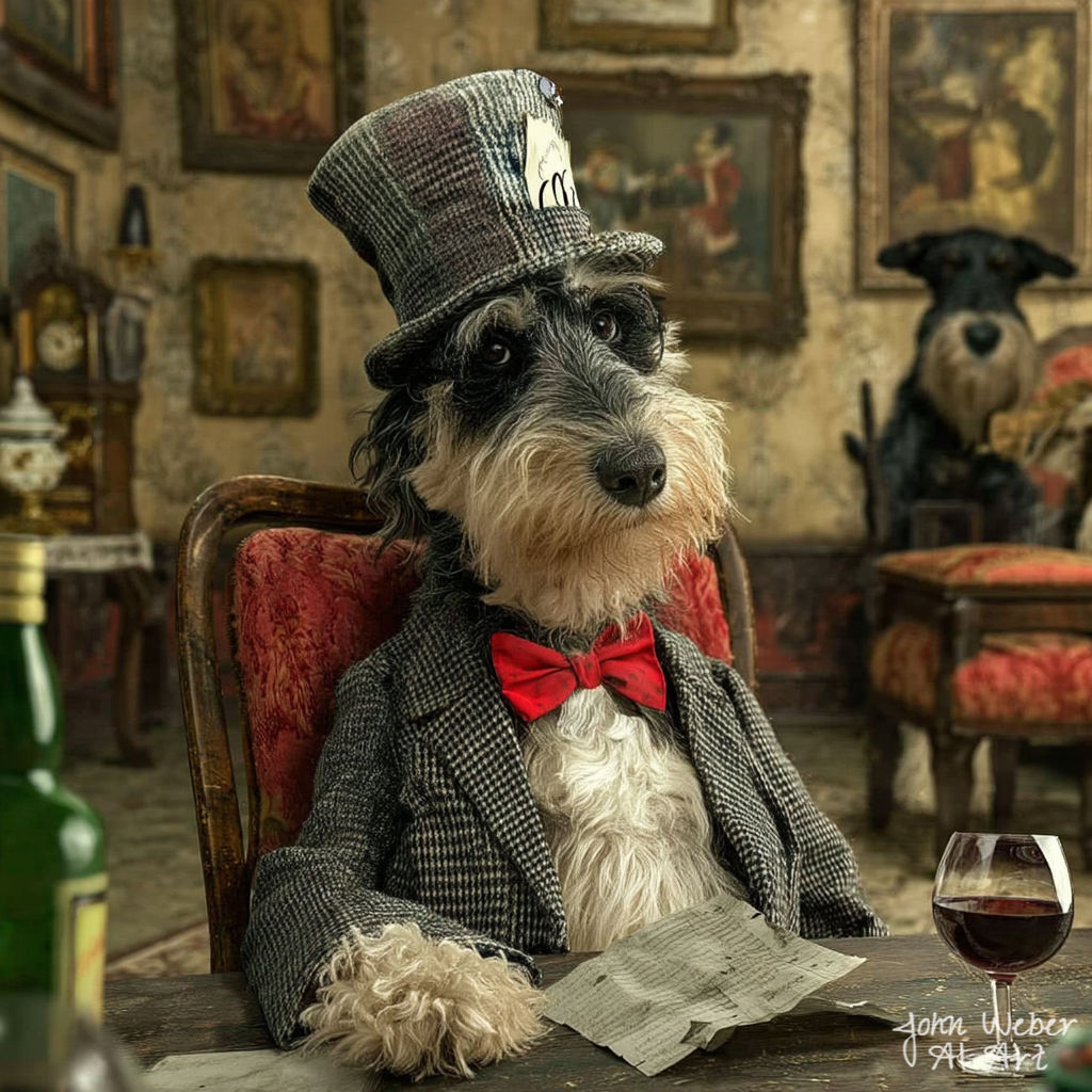 Scruffy dog in a Victorian suit and top hat seated at a table with a wine glass in an old-fashioned room