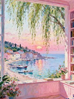 Pastel painting of a seaside village and boats at sunset viewed through an open pink window