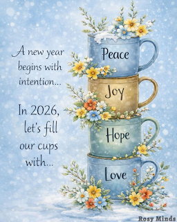 Illustration of four stacked flower-decorated mugs with Peace, Joy, Hope, and Love beside a New Year message