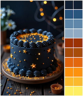 Blue frosted cake with gold star decorations and rope piping on wooden stand