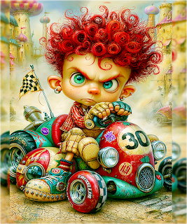 Cartoon boy with oversized red curly hair in a colorful racing go-kart with checkered flags