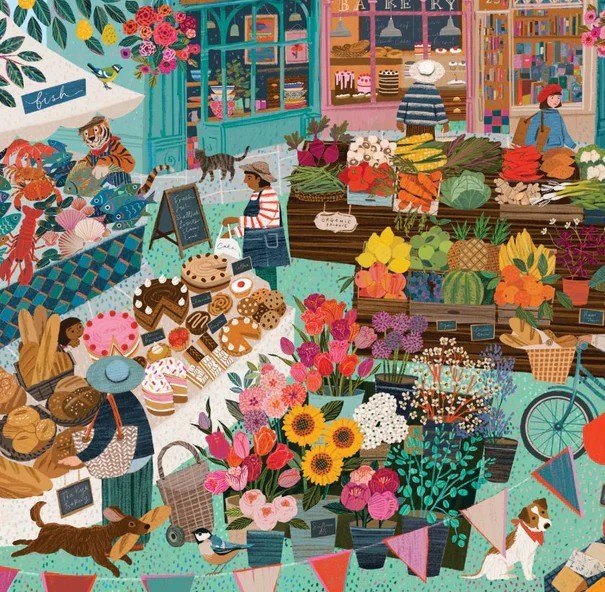 Illustrated flower shop with colorful blooms, customers browsing, cats, and vintage furniture