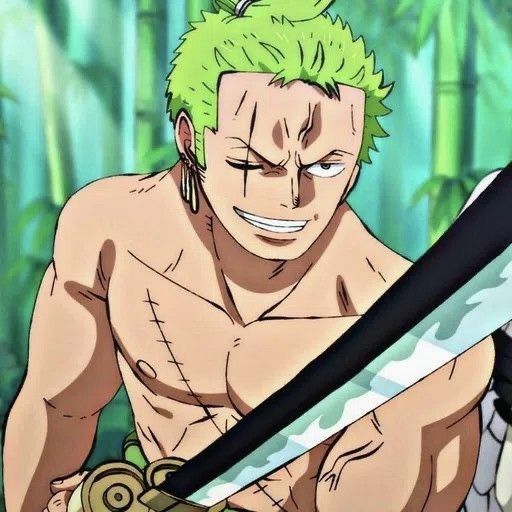 Anime character Zoro with green hair holding sword in bamboo forest