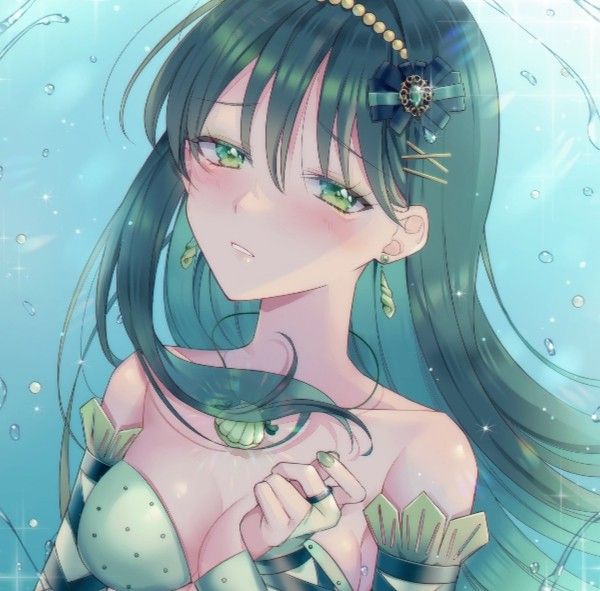 Anime mermaid girl with long teal hair, green eyes, and seashell necklace in underwater scene