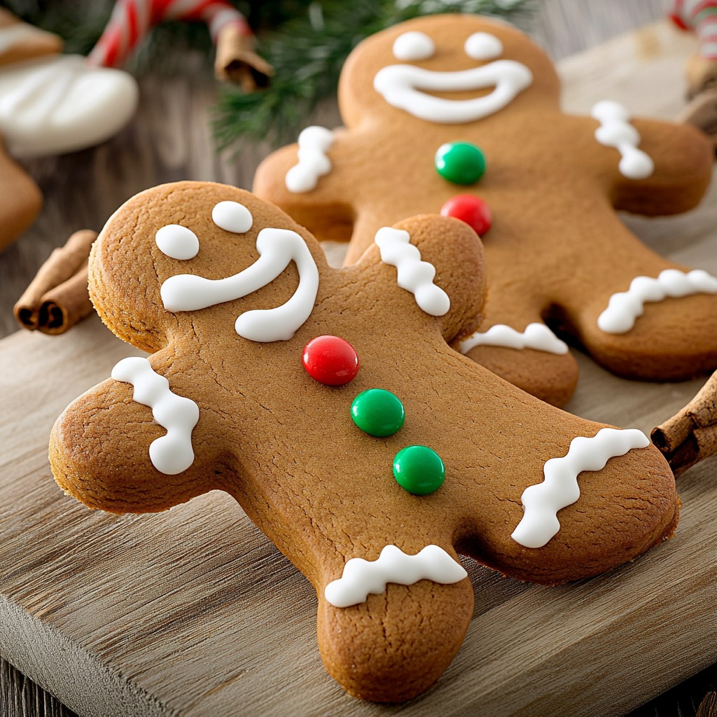 Two decorated gingerbread cookies on a wooden board with icing and red and green candies