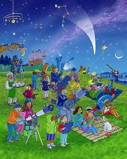 Illustrated people with telescopes stargazing on green hill under starry night sky with comet and crescent moon