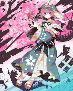 Anime girl in ornate kimono under pink cherry blossom tree with butterflies and petals