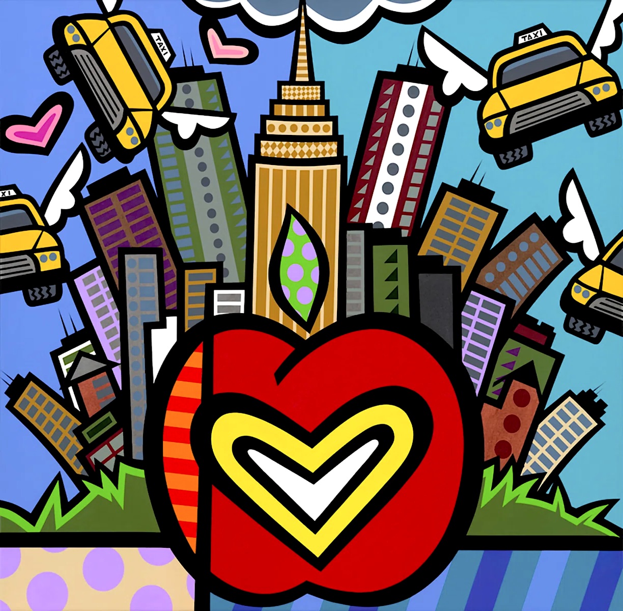 Colorful pop art illustration of New York City skyline with yellow cabs, buildings, and red apple heart