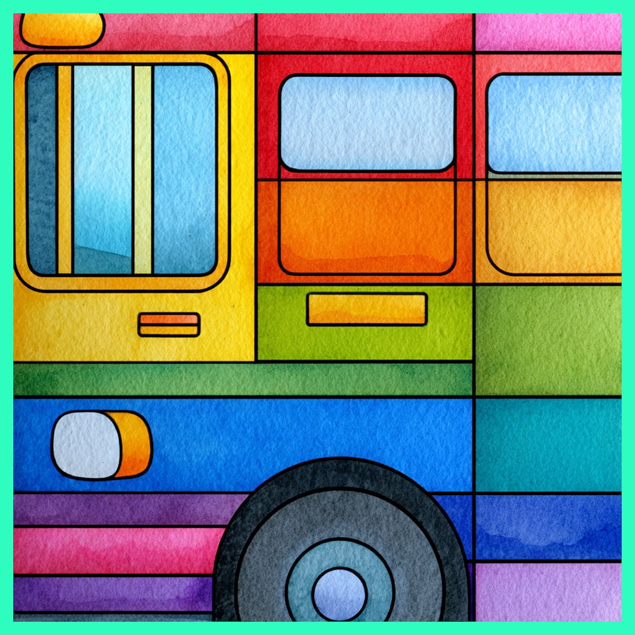 Illustration of a colorful bus with rainbow-colored panels arranged in a geometric block pattern