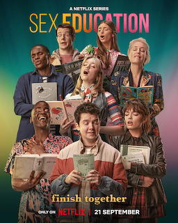 Sex Education Netflix series poster with cast members holding books against a colorful background