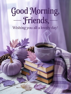 Purple-themed still life with steaming coffee cup on books, small pumpkin, autumn leaves, and plaid blanket