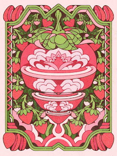 Art nouveau illustration with strawberries, green leaves, and pink floral ornamental design in red and green frame