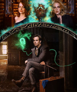 Three people in fantasy portrait with green magical glow and ornate archway