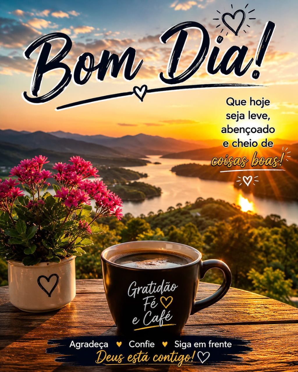 Coffee mug with 'Gratidão Fé e Café' text beside pink flowers with a river sunset and Bom Dia greeting