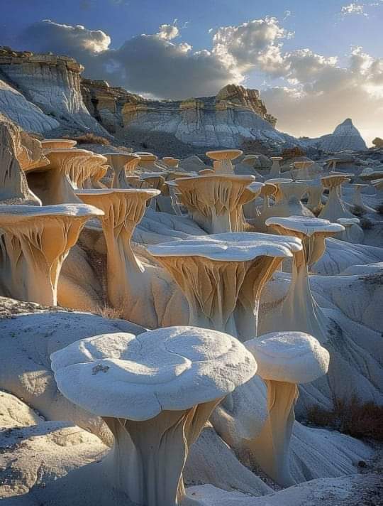 White mushroom-shaped sandstone hoodoos in Ah-Shi-Sle-Pah wilderness, New Mexico