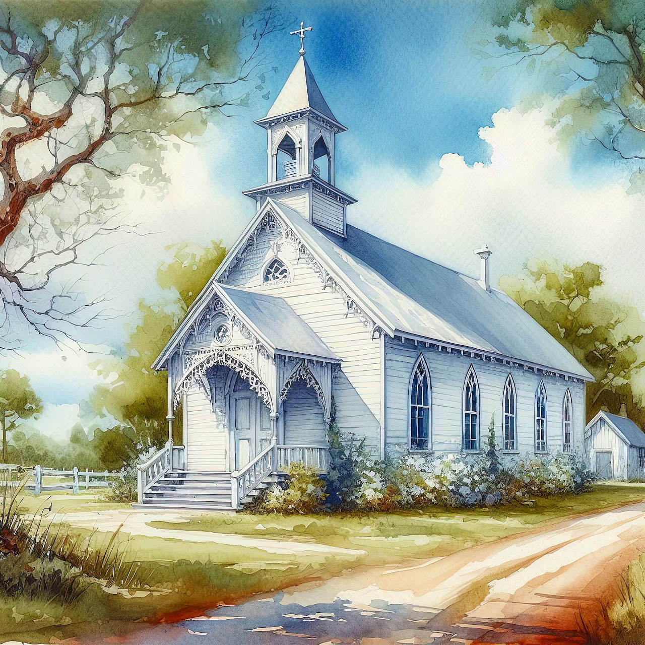 Watercolor painting of a white country church with steeple and cross surrounded by trees