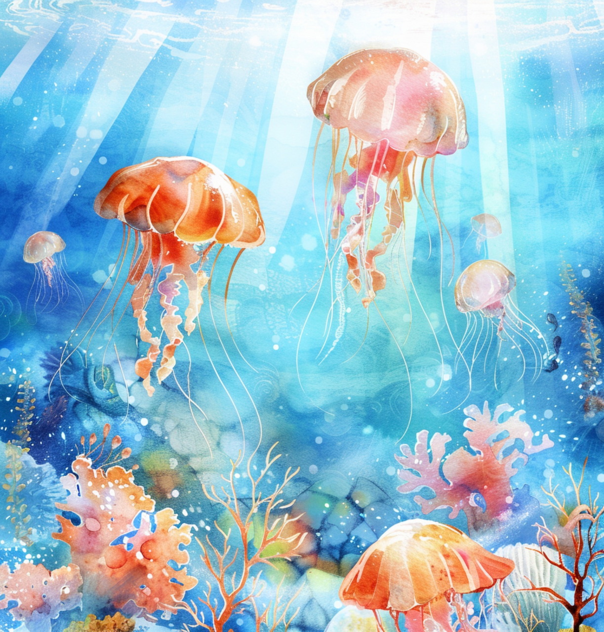 Illustrated jellyfish floating above colorful coral in a blue underwater ocean scene