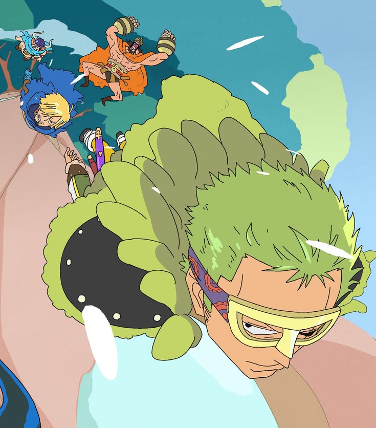 One Piece anime characters including Zoro and Sanji with giants in Elbaf