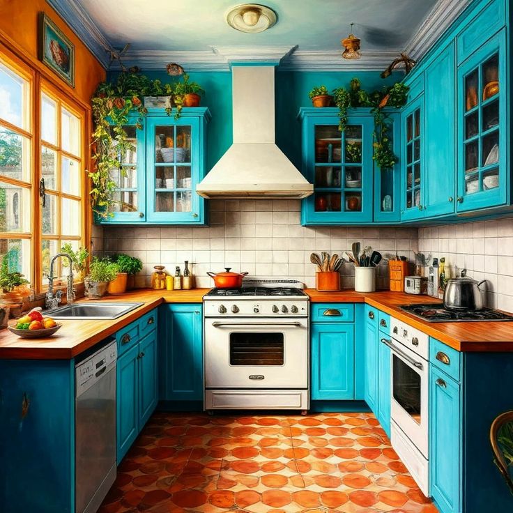 Bright kitchen with turquoise cabinets, white stove, terracotta floor, and hanging plants