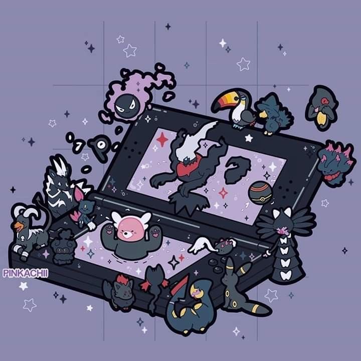 Pixel art isometric terrarium with black Pokemon characters including Gengar in decorative frame on purple background