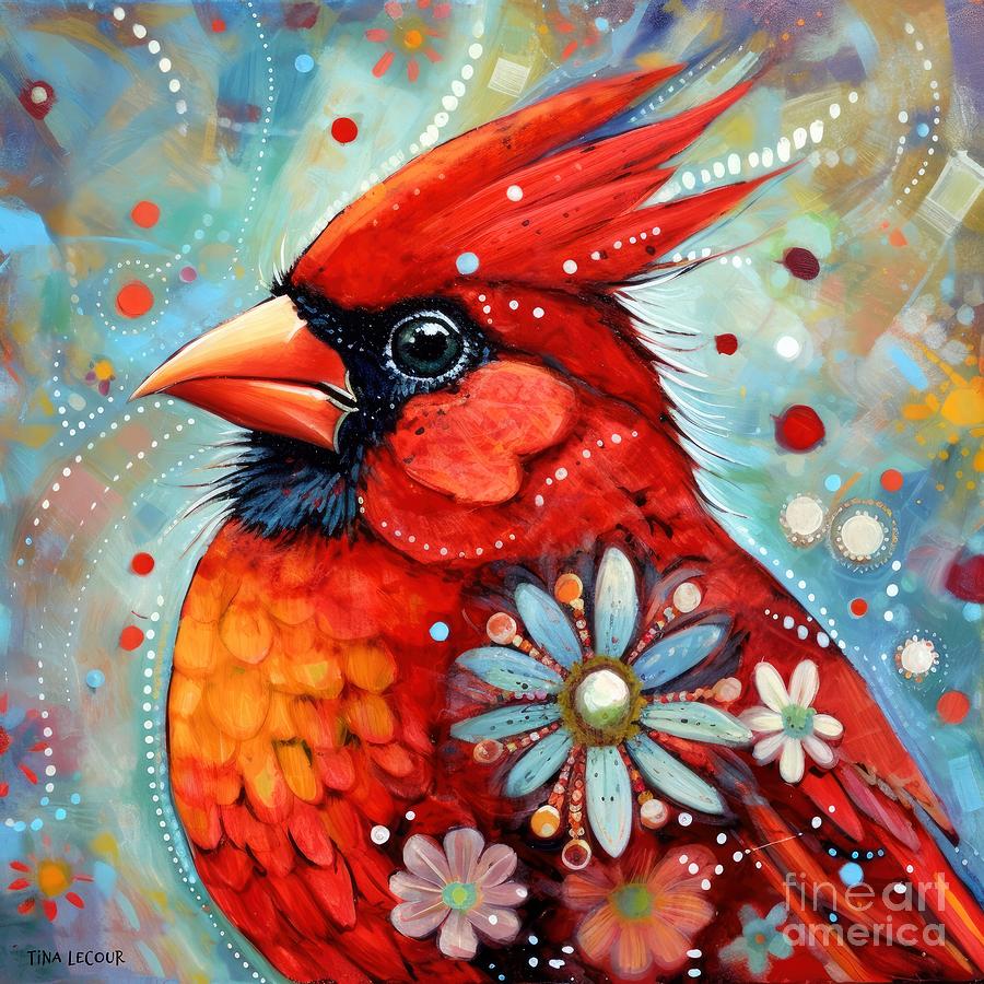 Cardinal Bird with Flowers