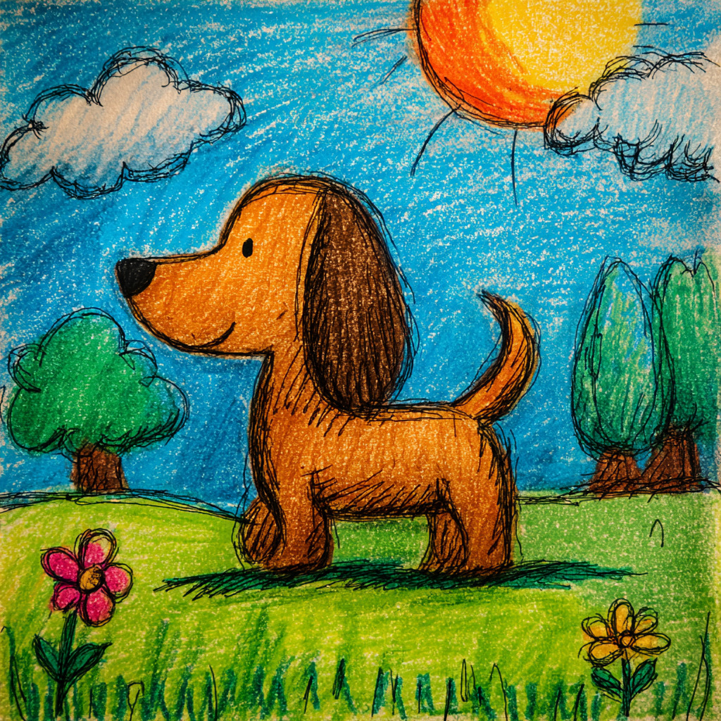 Drawing of an orange dog with long ears in a grassy park under a sunny sky with trees and flowers